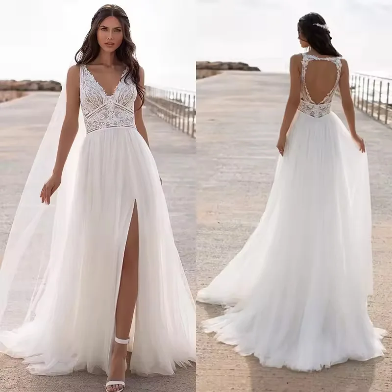 Vestidos de novia de playa blancos personalizados una línea de corte hueco espalda cuello en V sin mangas batas de soriee vestidos de novia con apliques