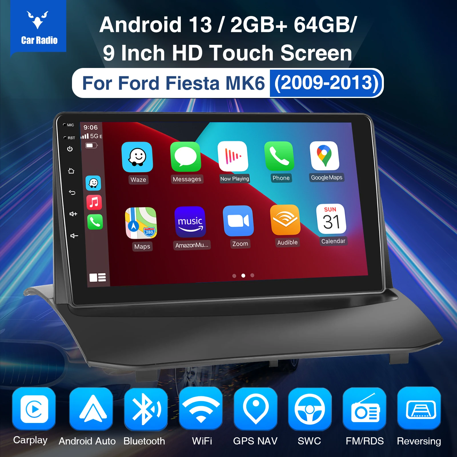 

ESSGOO Android 13 Car Stereo Radio For Ford Fiesta MK6 2009-2013 Wireless Carplay Android Auto Touchscreen GPS Nav BT FM RDS