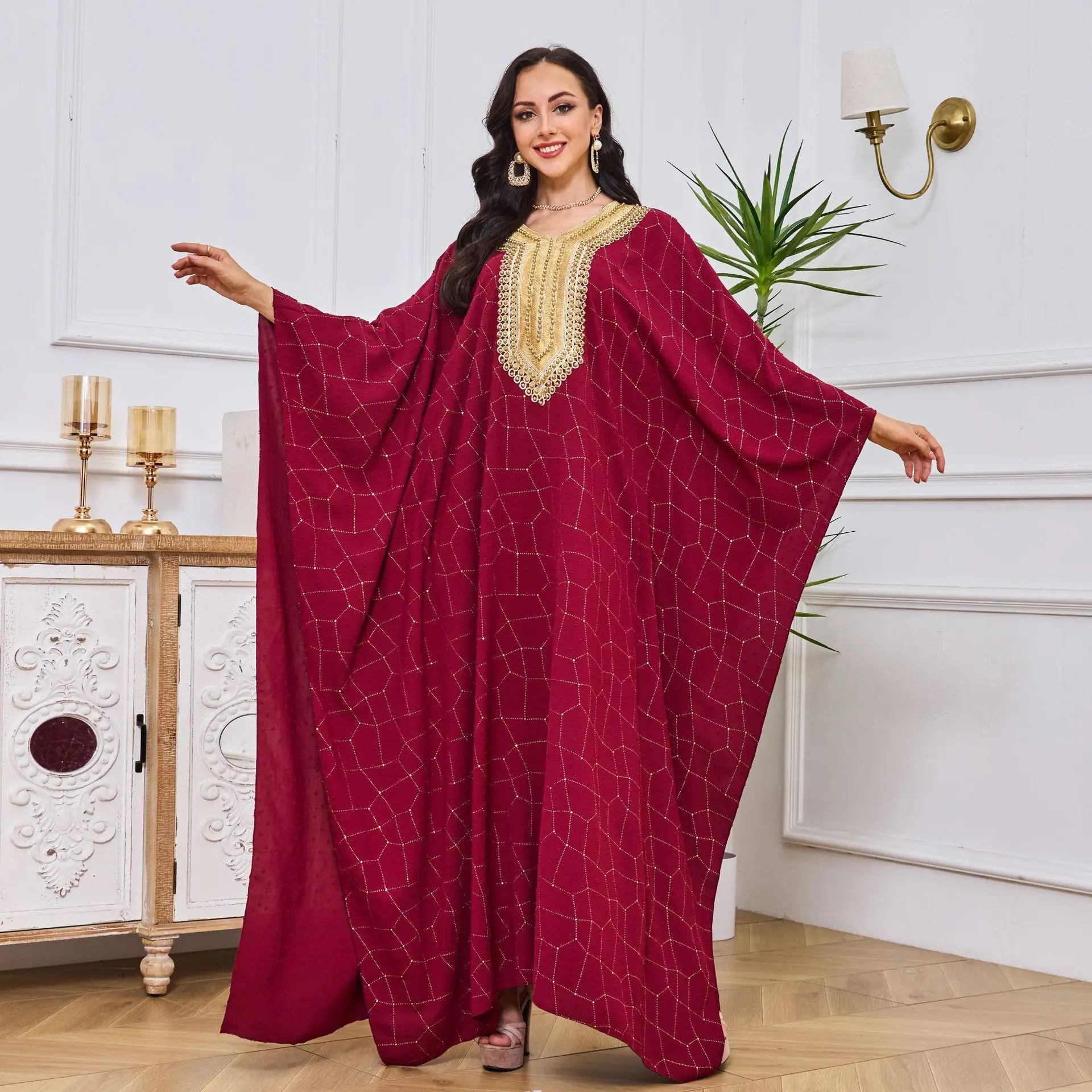 MT025 Muslim Women's Robe Embroidered Gold Bubble Bead Bat Sleeves Party Dress