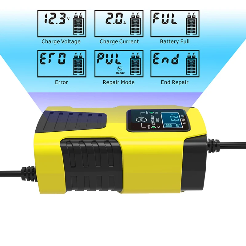 Automatic 2A 6V 12V Car Battery Charger Lead-Acid GEL AGM Wet Calcium Deep Cycle VRLA Pulse Repair with LCD Display