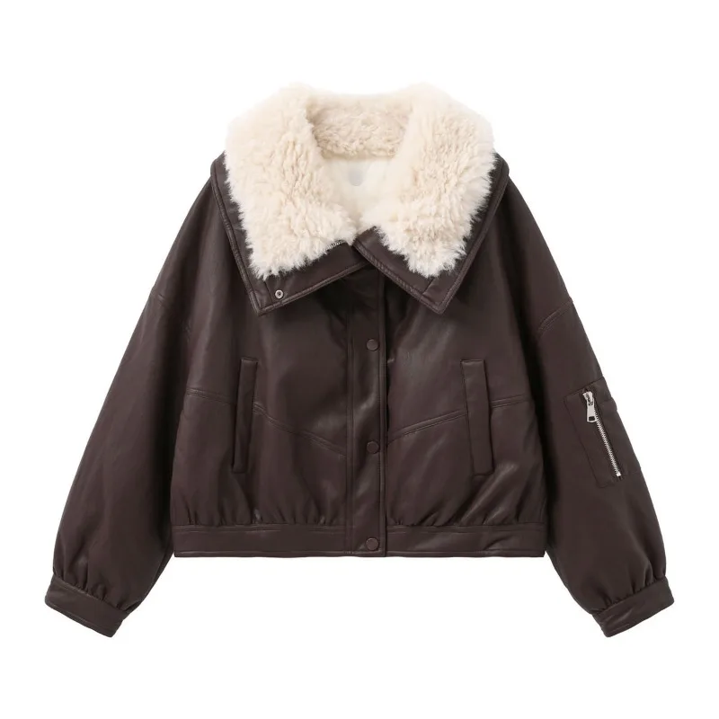 เสื้อแจ็คเก็ตพาร์กาขนเป็ดสั้นคุณภาพสูง ดีไซน์สวยทันสมัย สไตล์วินเทจ ทรงหลวม ปกหนังขนาดใหญ่ สำหรับผู้หญิง