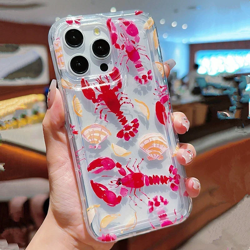 Pink Jellyfish And Lobster Diamond Bow Phone Case For iPhone 16 15 14 13 12 11 Pro Max XR XS MAX 7 8 PLUS MINI Y2K Clear Cover