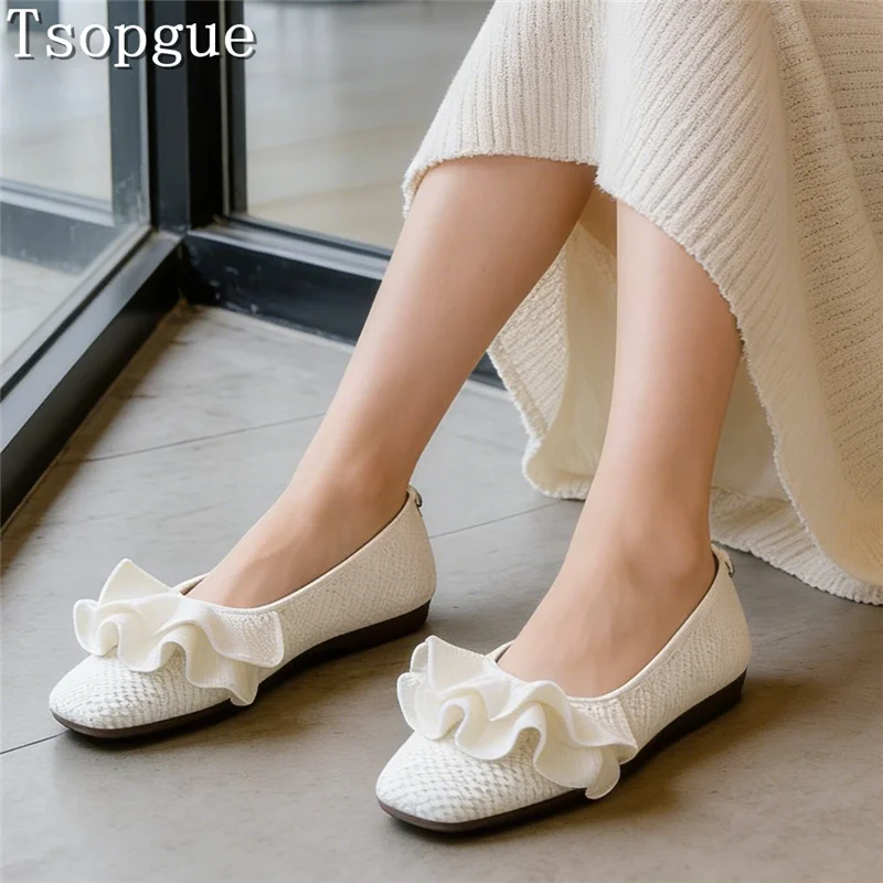 Cute Ruffle Decor Flat Sole Single Shoes Women's Soft Sole Woven Flats Breathable Knit Fabric Casual Walking Shoes