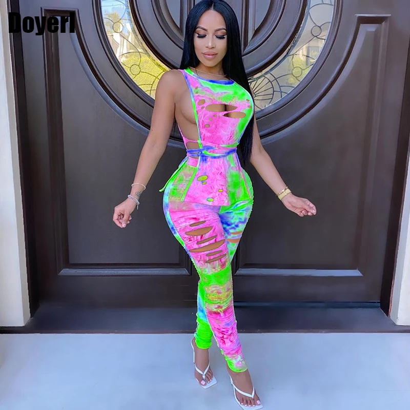 

Summer Sexy Two Piece Pants Set Women Crop Top and Stacked Pants Set Party Tie Dye Bodycon 2 Piece Club Outfits for Women 2022