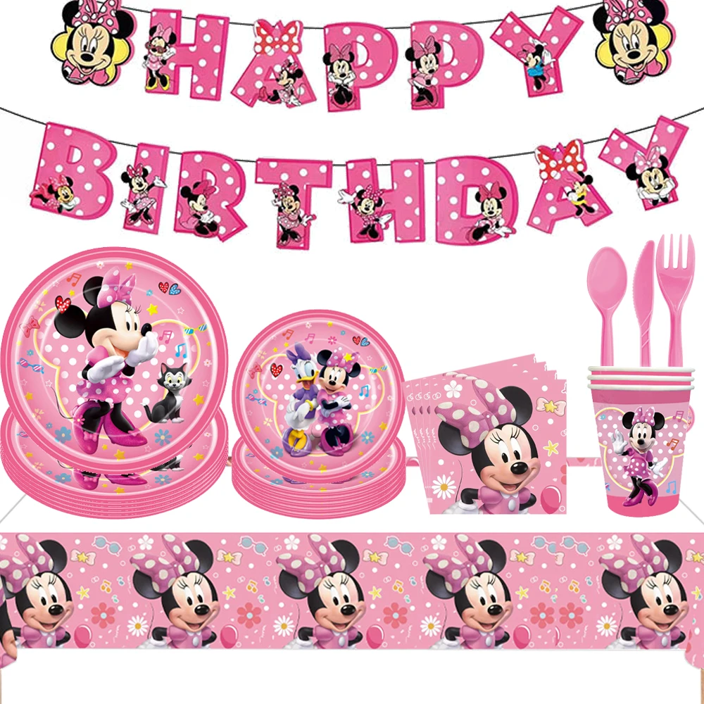 Pink Minnie Girl Princess Party Supplies Table Accessories Party Decoration Paper Plate Cup Gift Bag Backdrop Festivel Event Toy