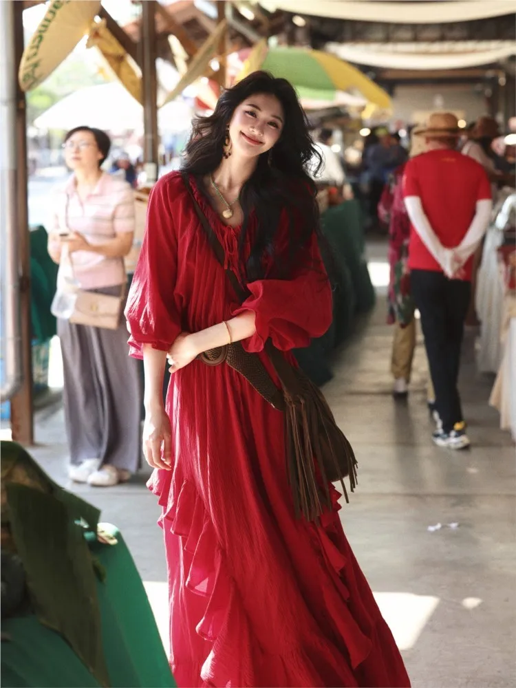 Red-neck drawstring leaf adjustable off-the-shoulder long mid-low waist long-sleeved dress