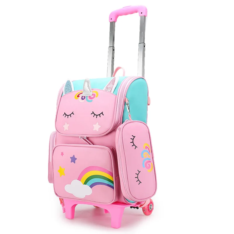 Mochilas escolares de unicornio de dibujos animados para niñas, mochila con ruedas, bolsa con ruedas, mochila rodante para estudiantes, bolsa con