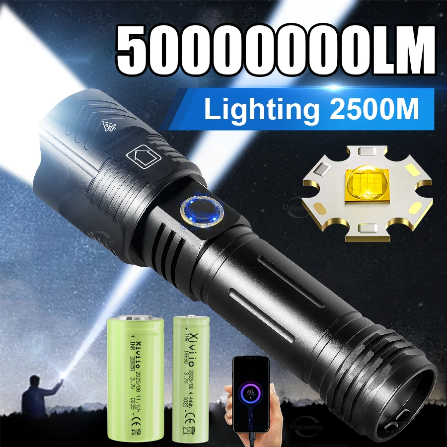 High Power LED Flashlights Long Range 2500M Torch Light Super Bright XHP390 Flash Light Outdoor Lantern For Fishing Hiking