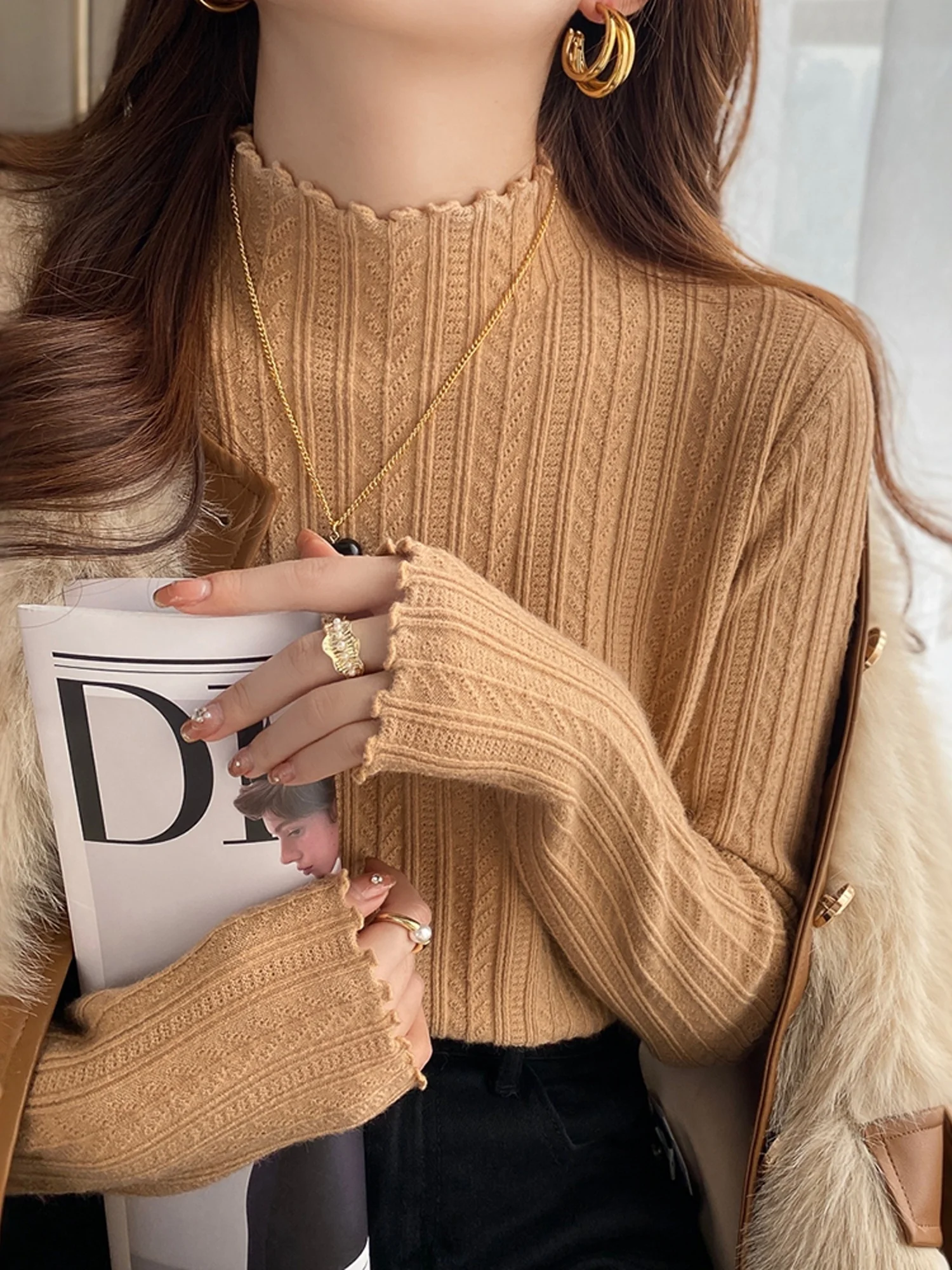  Knitted Base Layer Top Women's Inner Wear Half High Collar Spring Autumn 2026 New Style Wooden  Design Sweater