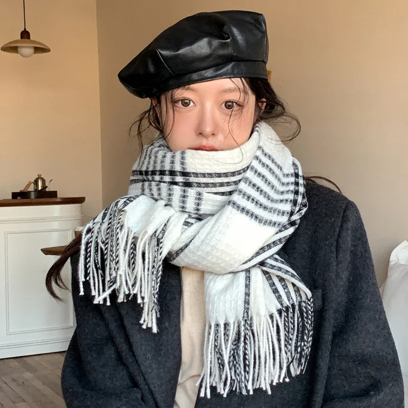 

2025Осенне-зимний новый полосатый клетчатый шарф, зимняя универсальная теплая шаль для пары, высококачественный утолщенный утеплитель для шеи