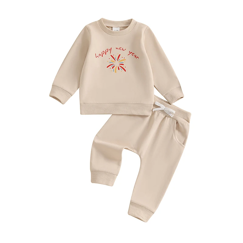 

Toddler Pants Set Letter Fireworks Print Long Sleeve Sweatshirt Drawstring Pocket Long Pants Outfits