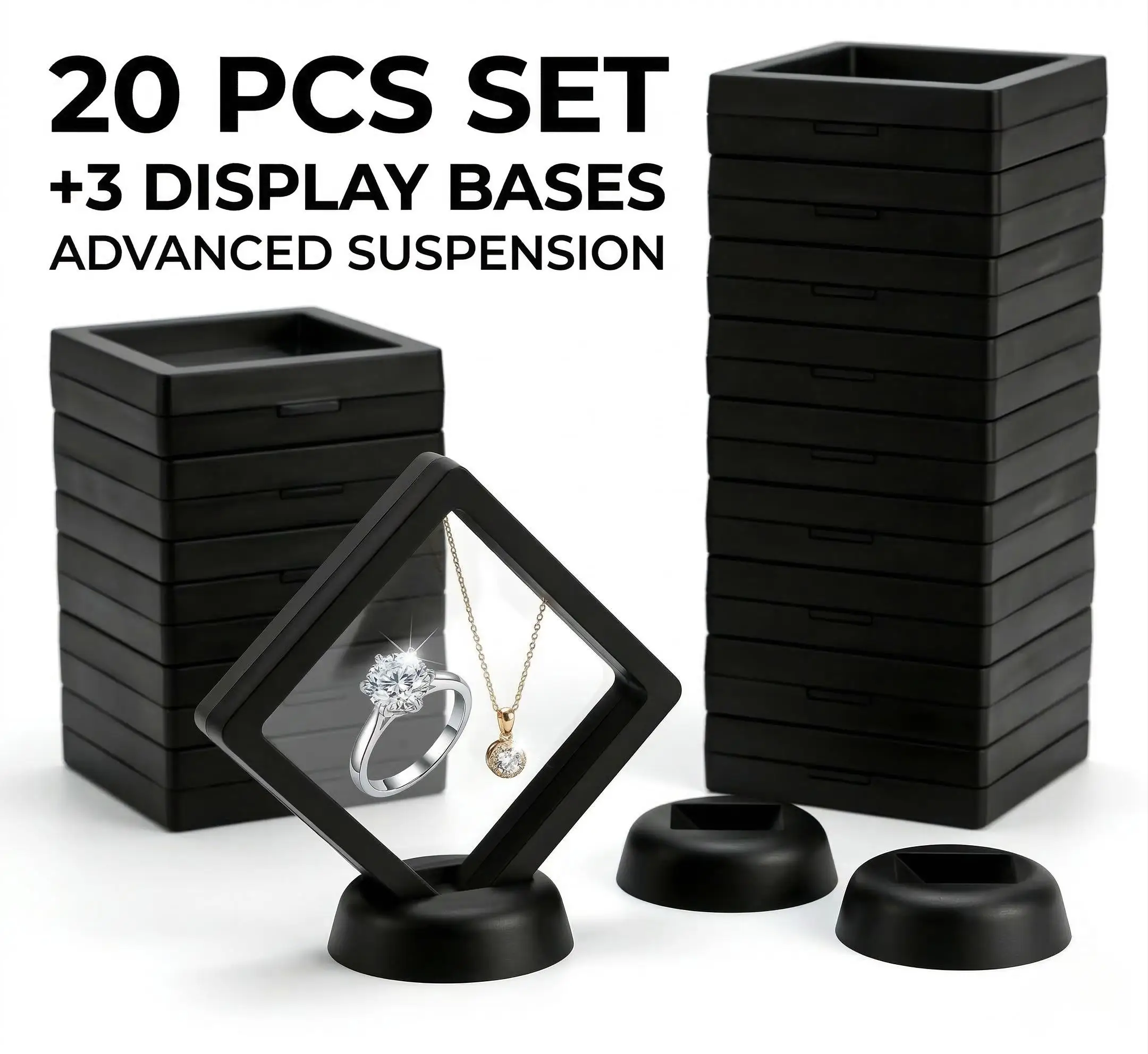 20Pcs 3D Floating Frame Display Case 7x7cm with 3 Bases Transparent PE Film Jewelry Storage Box Dustproof Earring Ring Coin Med