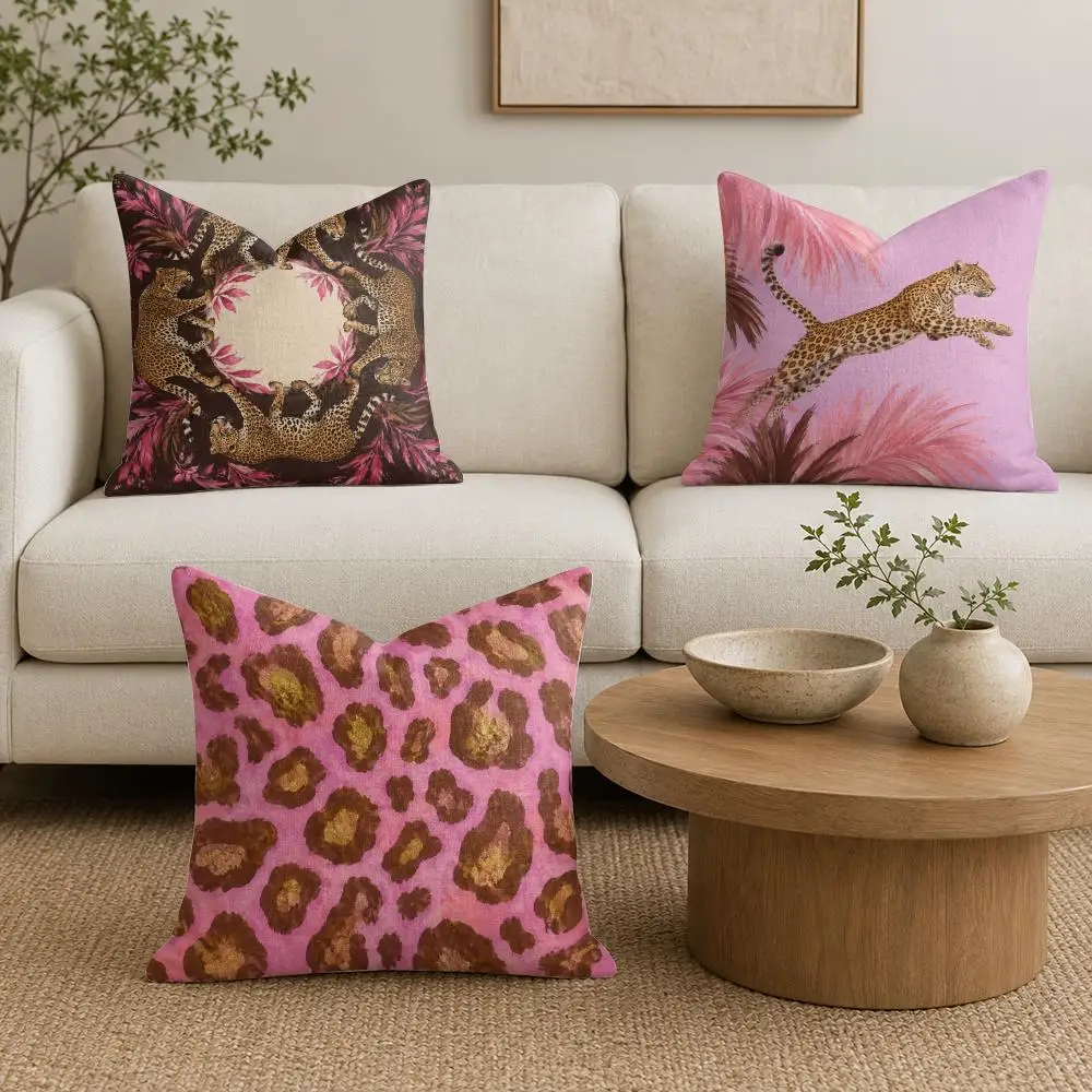 Pink Leopard Pair Cushion Cover Organic Linen Throw Pillow Cover - Double-Sided Print Breathable Cushion Case Home Decor