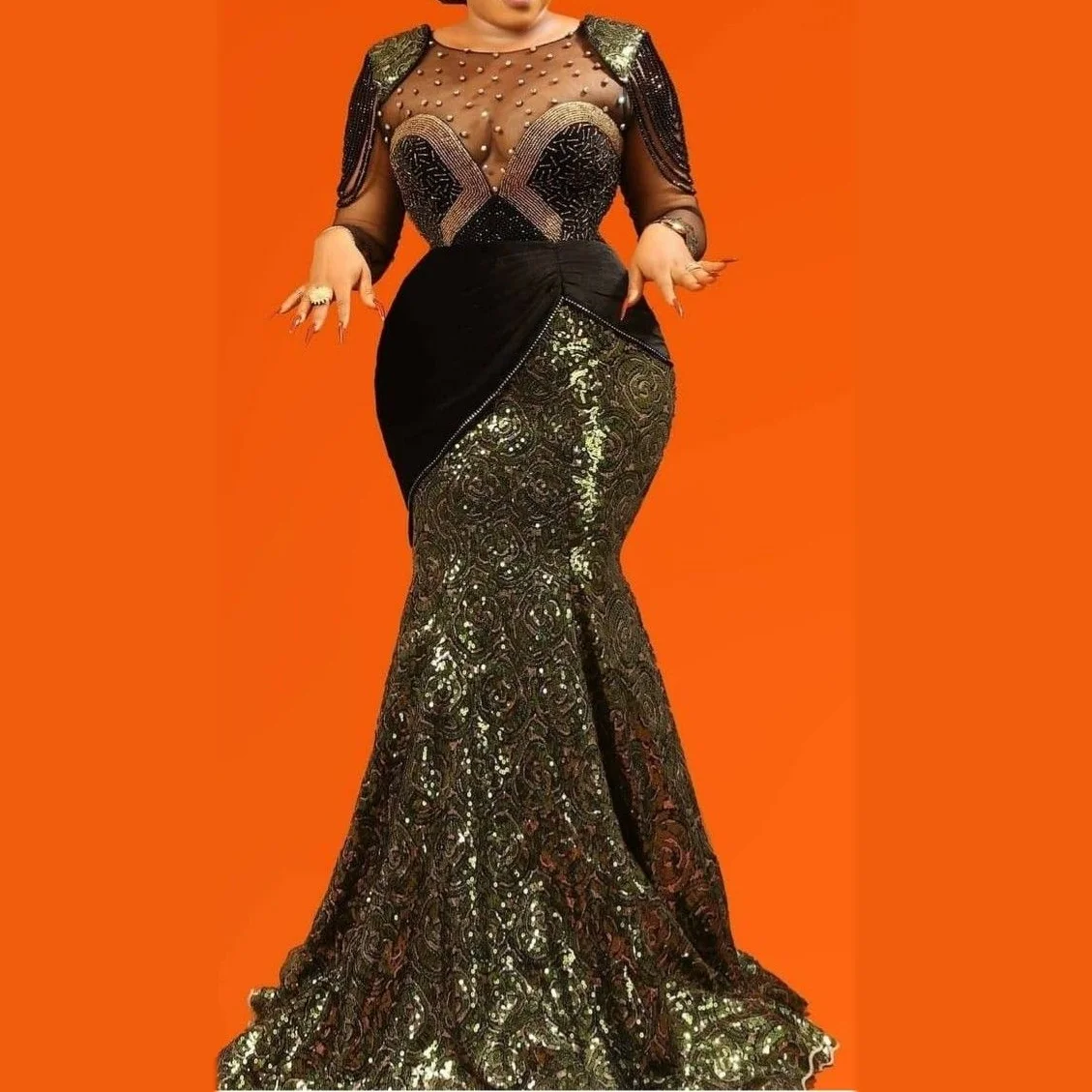 

Chic O-Neck Full Sleeve Black Pleat Mermaid Formal Evening Dresses Birthday Party Prom Gowns Customized