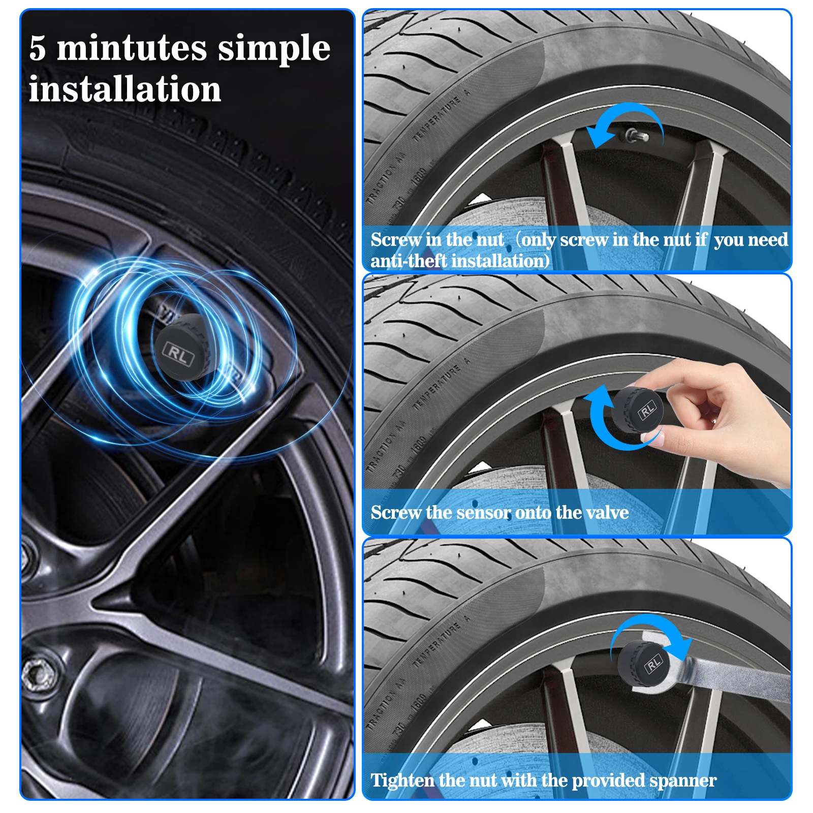 Tire Pressure Monitoring System With 4 TPMS sensor Solar Powered Digital LCD Display Auto Security Alarm Tire pressure sensor