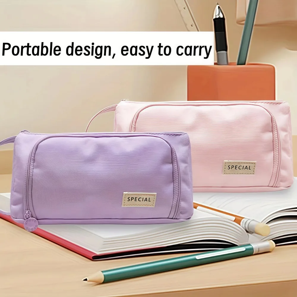 Portable Pencil Case Large Capacity Solid Color Stationery Pouch with Handle Multilayer Pen Box School Office Supplies