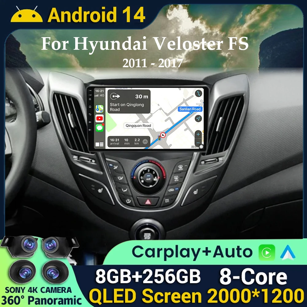 

Автомобильный радиоприемник Android 14 Wireless Carplay Android Auto GPS-навигация Автомобильный мультимедийный плеер для Hyundai Veloster FS 2011-2017