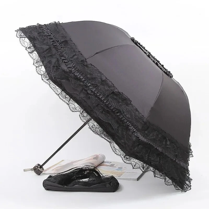 Vintage Lace Parasol Foldable Gothic Lolita Umbrella Rain Anti-uv Protection Sunblock Umbrella Dome Photo Props Girls Parasol