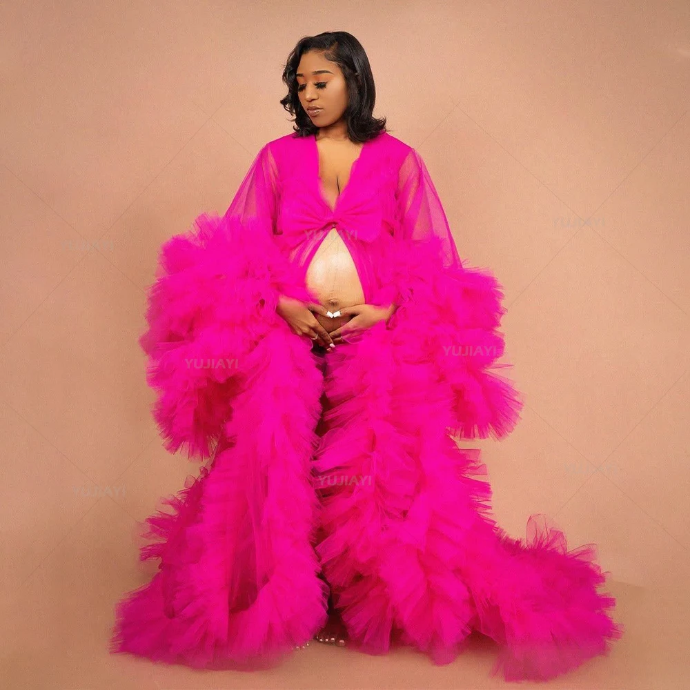 Customized Pregnant Women Prom Dress Photoshoot Robes Long Sleeves Fluffy Tulle Gowns Maternity Bathrobe Puffy Baby Shower Gown