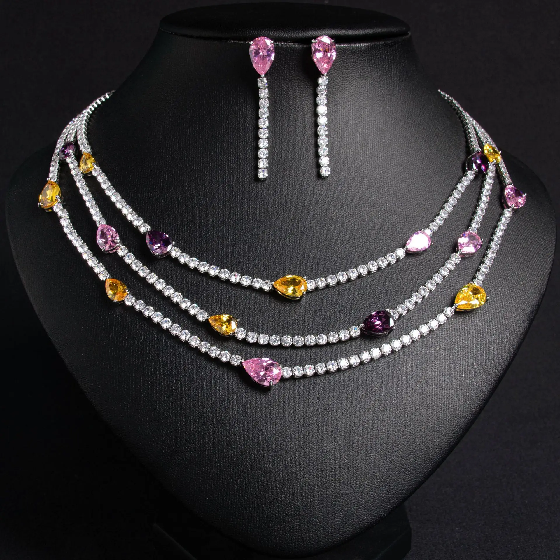 French Diamond Set Dinner Dress Necklace Multi Layered Layered Zircon Drop Collar Chain Earring Set