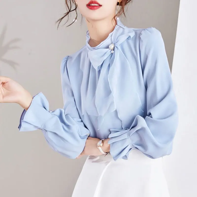 Women\'s Clothing Commute Stand Collar Bow Blouse Basic Solid Color Spring New Fashion Three-dimensional Decoration Ruffles Shirt