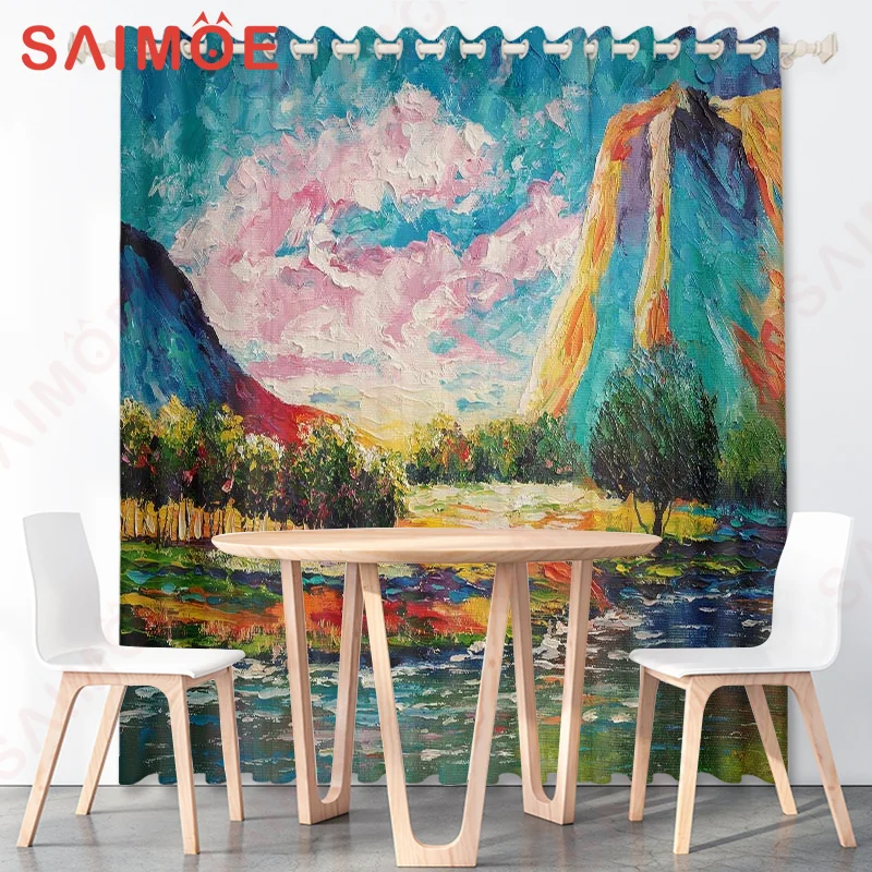 HD Idyllic Mountain Natural Scenery Curtain Sunset Trees Forest Thin Polyester Fabric Bedroom Office Custom Decoration with Hook