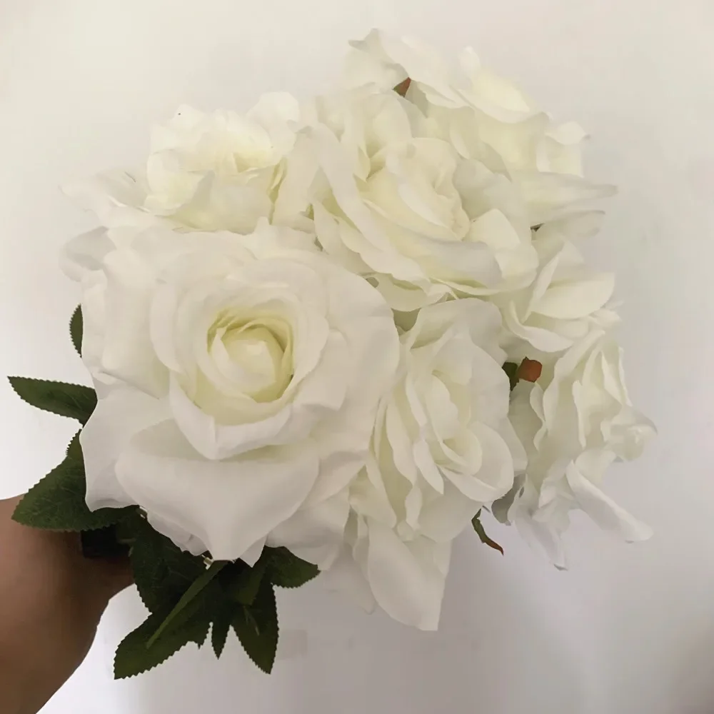 Bouquet di rose a 7 teste Fiore artificiale Rosa bianca Rosa di grandi dimensioni Soggiorno Decorazione floreale secca Matrimonio