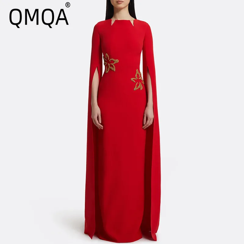 

QMQA Fashion Women's Evening Dress Spliced Bead Diamond Cape Sleeves High Waist Slimming Elegant Dresses 2025 Clothing QM591