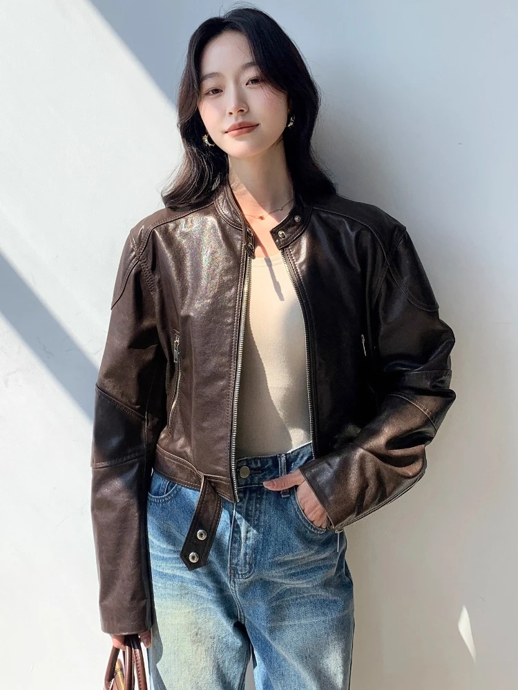 Vintage Cropped Genuine Leather Motorcycle Jacket Women Spring Autumn High-end Simple Stand Collar Slim Soft Real Sheepskin Coat