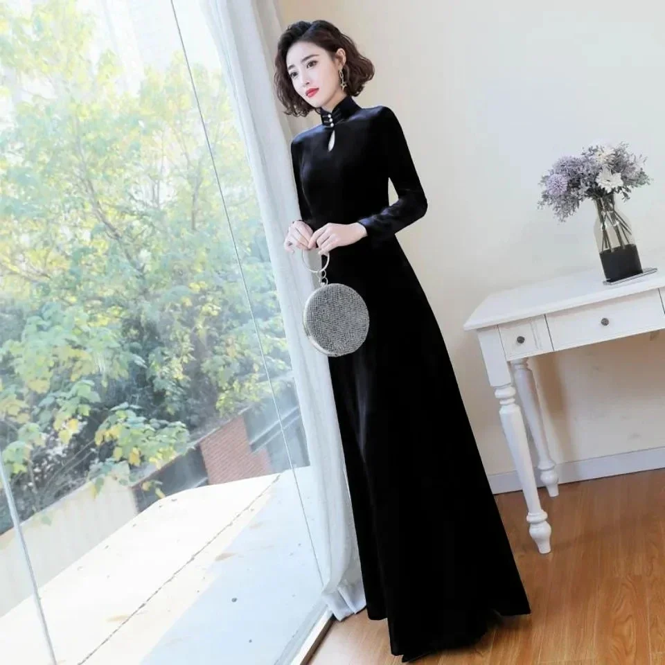 Noble And Elegant Golden Velvet Dress Women's Spring Autumn Long Sleeved Long Dresses Female Temperament Cheongsam Evening Dress