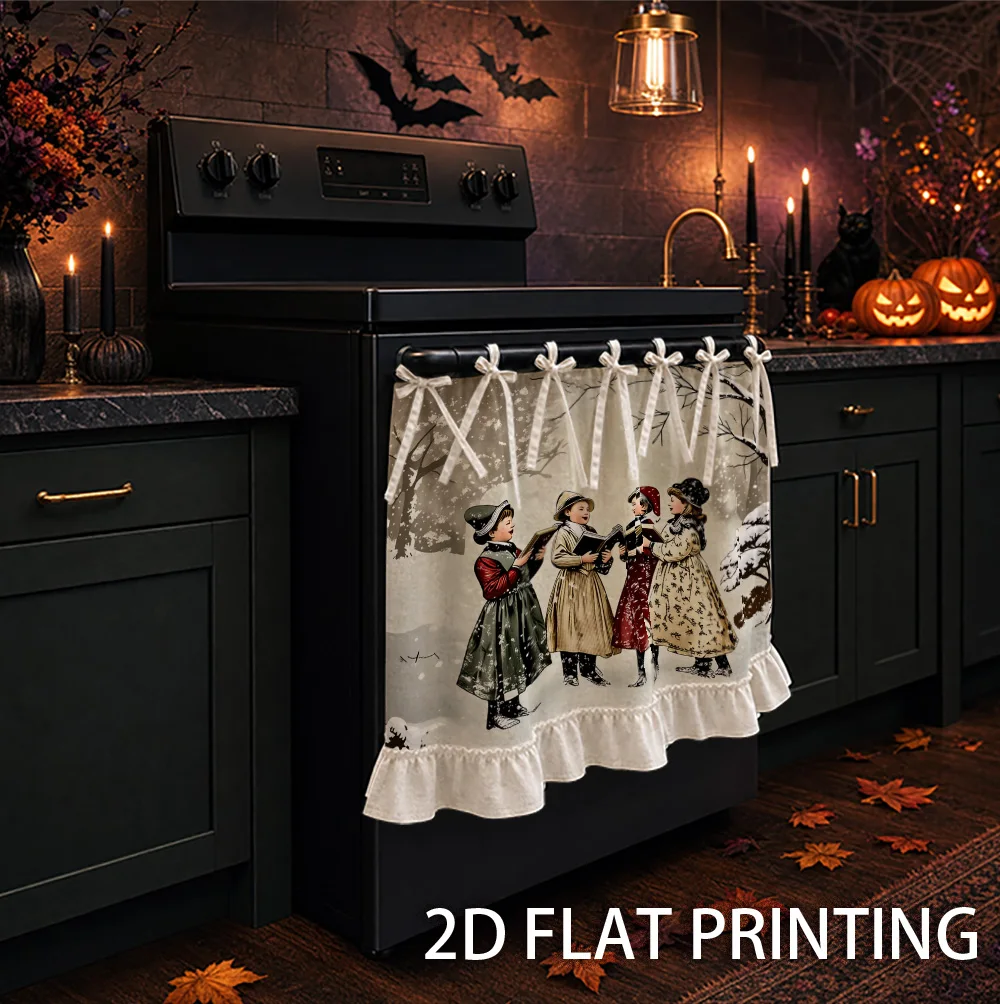 1PC kitchen stove curtain, cabinet curtain and apron. 2D graphic design featuring children singing in the snow. Use as a stove c