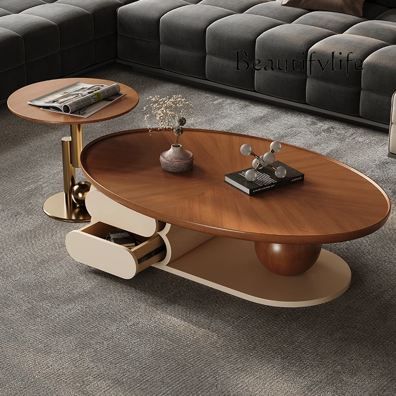 

Luxury Aesthetic Coffee Table Storage Minimalist Oval Side Tea Table Designer Wood Mesa De Centro Sala Living Room Furniture