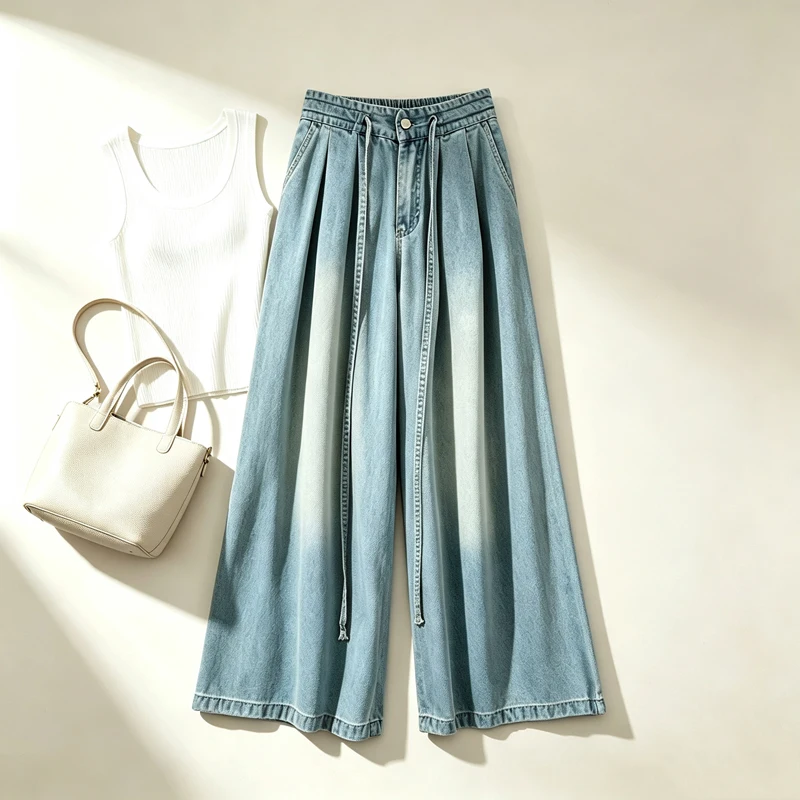 Women s Jeans Wide Leg Pants Loose Lyocell Denim High Waist Drawstring Comfy Casual Flowy Soft Trendy Vintage Style