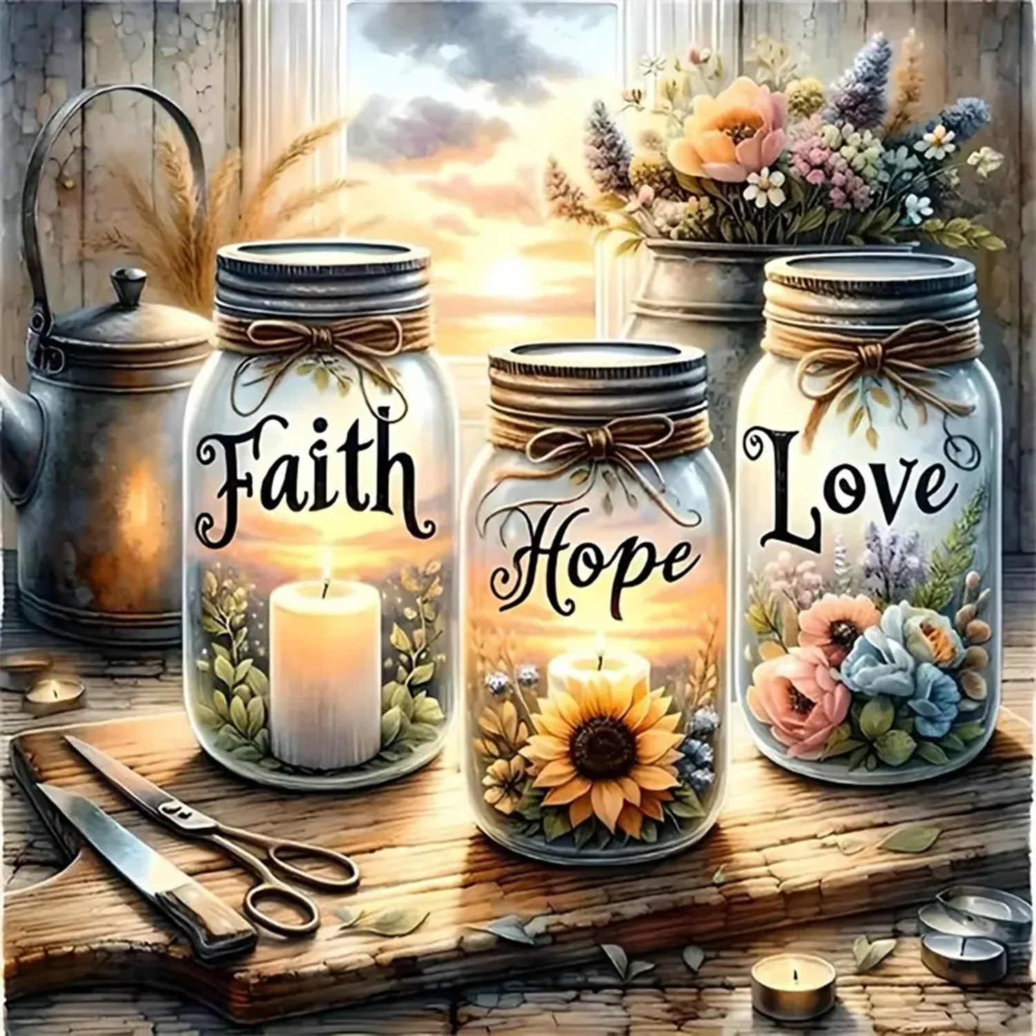 Kit de peinture au diamant DIY avec motif Espoir, Foi et Amour, art diamanté complet sans cadre, plusieurs tailles au choix
