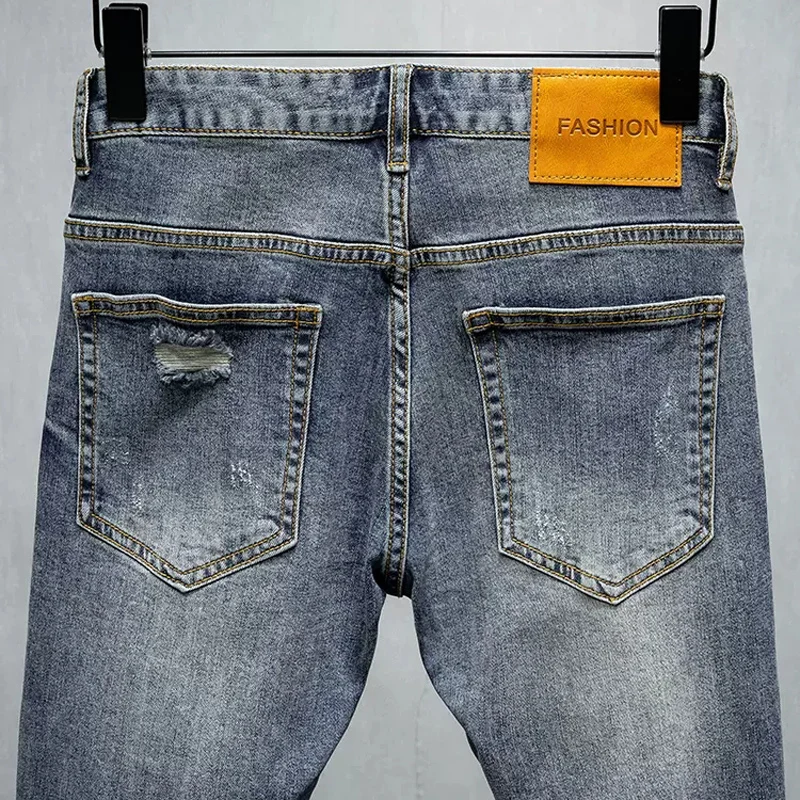 Fashion Designer Men Jeans High Quality Retro Blue Elastic Skinny Fit Hole Ripped Jeans Men Vintage Denim Pencil Pants Hombre