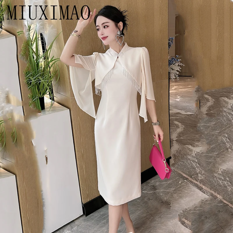 

MIUXIMAO 2023 High Quality Chinese Style Elegant Dress Short Sleeve Solid Diamond Fashion Knee-length Dress Women Vestide