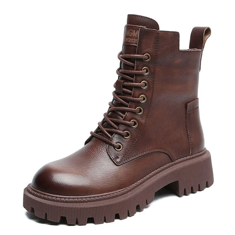 DRKANOL 2026 Women Thick Heel Ankle Boots Quality Cow Genuine Leather Round Toe Autumn Winter Warm Platform Casual Short Boots - view 2