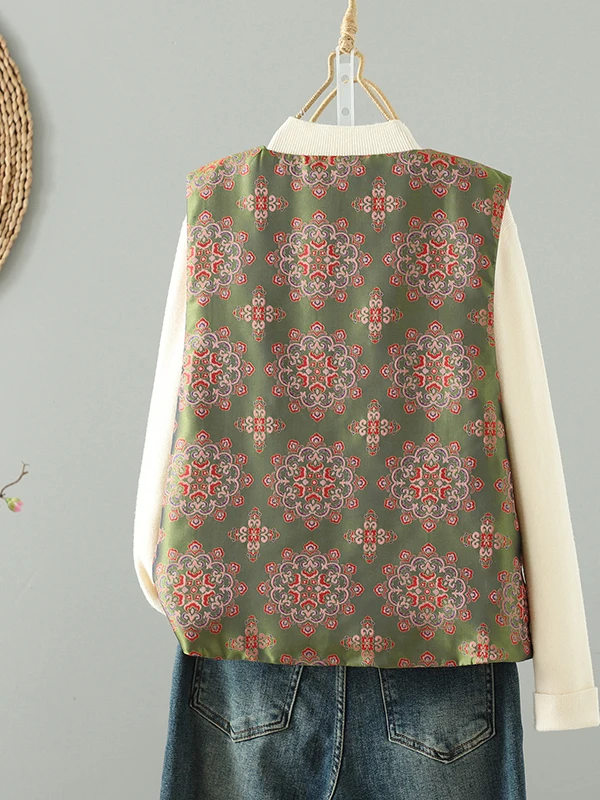 Women's Chinese Style Silk Embroidered Cotton Vest Warmth Outerwear round Neck Loose Fit Traditional Pattern Single Button
