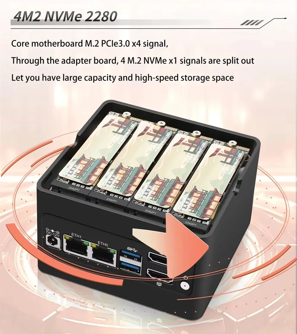 Pocket NAS 4xM.2 NVMe Board 12th Isabel Firewall Mini PC, Intel i3 N305 N100 2xi226-V 2.5G, Soft Router DDR5 4800 2xUSv1.2 2xHD, Nouveau