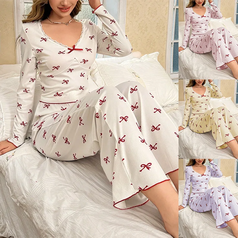 

Pajama Set for Women Sleepwear Lace Trim Bows Print Long Sleeve Top & Full-Length Pants Nightwear Loungewear Comfortable