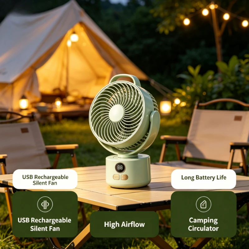Outdoor Camping Fan - USB Rechargeable Compact Fan with Oscillation