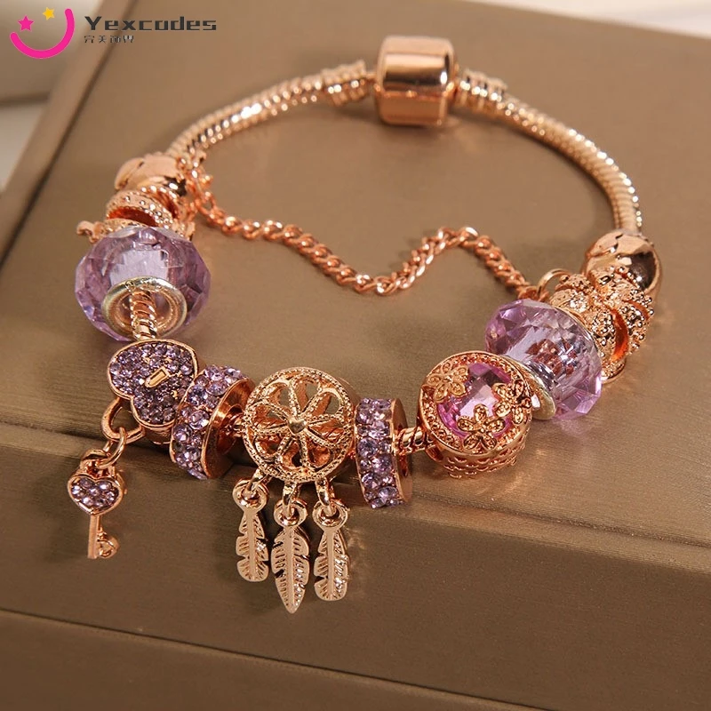 Yexcodes Lavender Purple Crystal Bracelet for Female Ins Small Design Fine Dream Catcher Love Lock Pendant Bracelet Bracelet