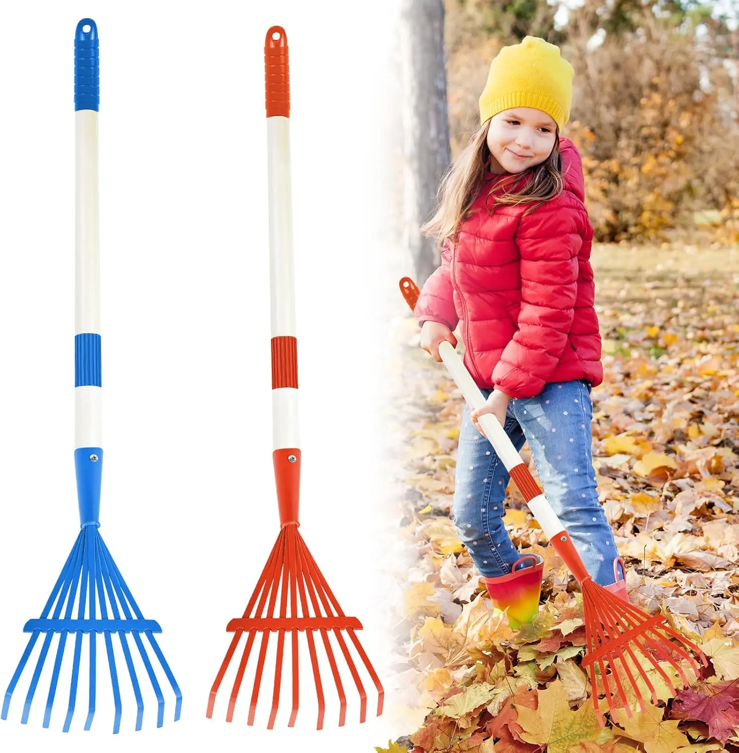 Kids Rakes for Leaves,Child Size Garden Rake Childrens Lawn Rake Toddler Leaf Rake Rakes with Detachable Hardwood Handle （RED）