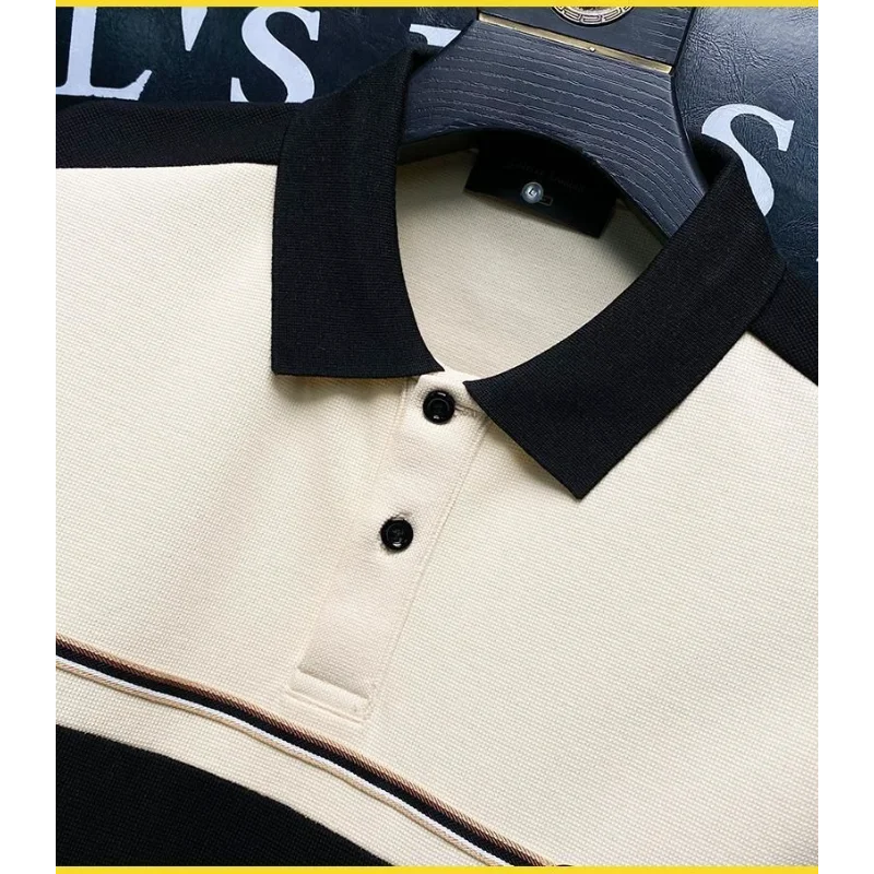 Men's Splicing Versatile Contrasting Lapel Polo Shirt Slim Long-sleeved T-shirt