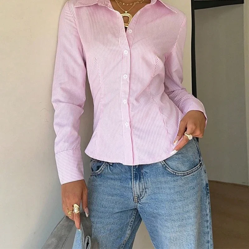 

2025 Autumn Temperament Striped Waist Long Sleeve Shirt Lace-up Shirt Women