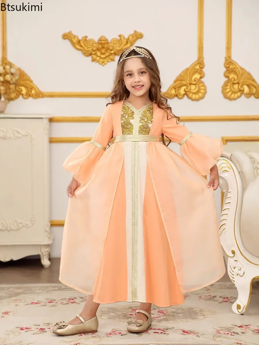 

Мусульманские платья-абайи для девочек на Рамадан 2026: длинные рукава, V-образный вырез, для молитв, детские, в арабском стиле, кафтаны, робы, исламские праздничные платья из Дубая