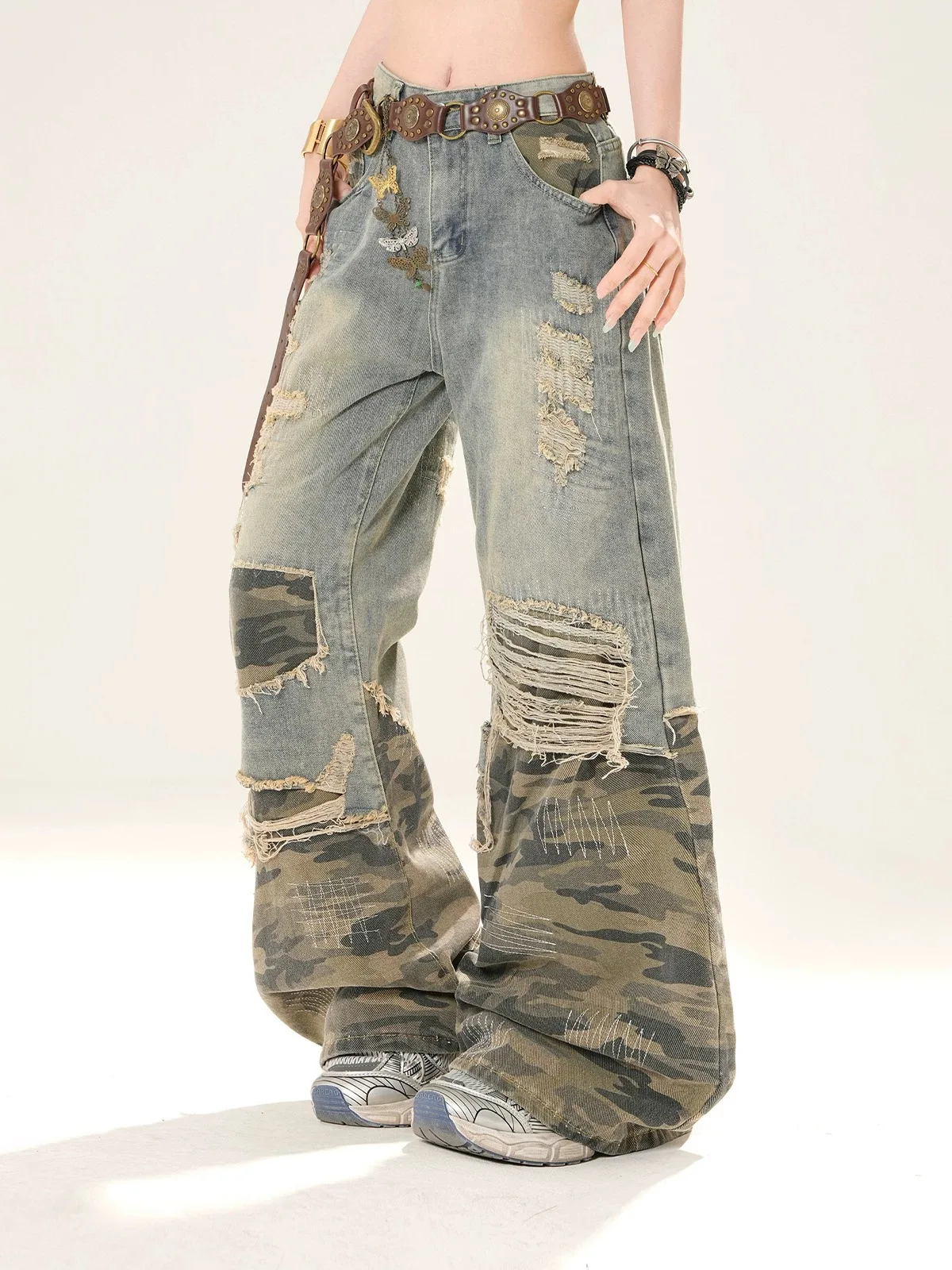 Women Y2k Baggy Camouflage Ripped Jeans Harajuku Vintage Denim Trousers Japanese 2000s Style Cargo Jeans Pants Oversize Clothes