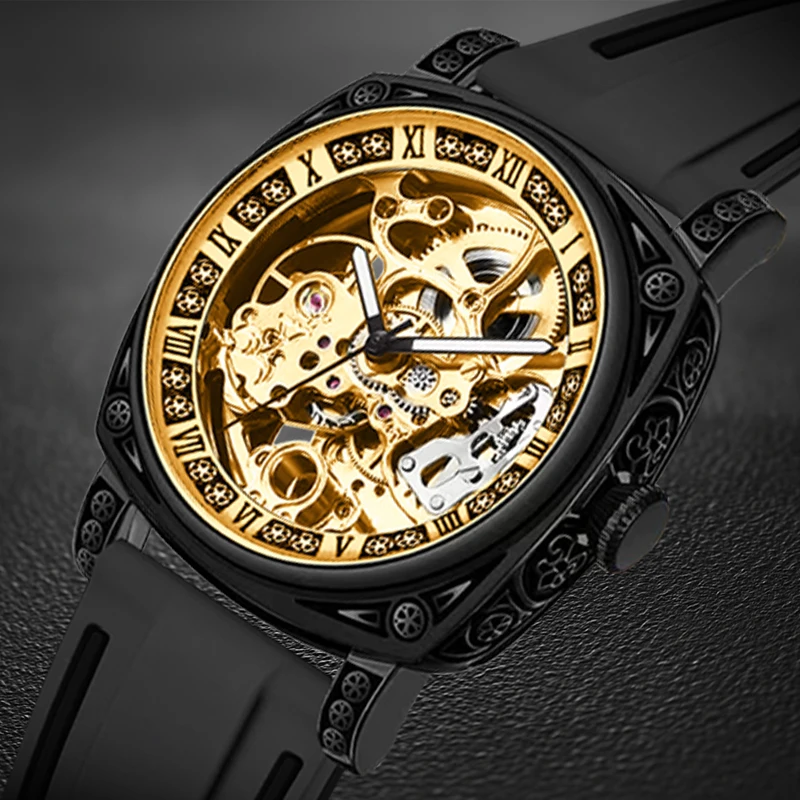 

A men's black silicone strap vintage casual black engraved case with Roman numerals automatic mechanical watch