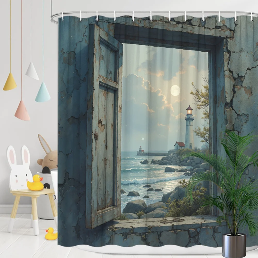 Rustic Beach Window Shower Curtain Coastal Lighthouse Ocean View Bathroom Decor Waterproof Curtain