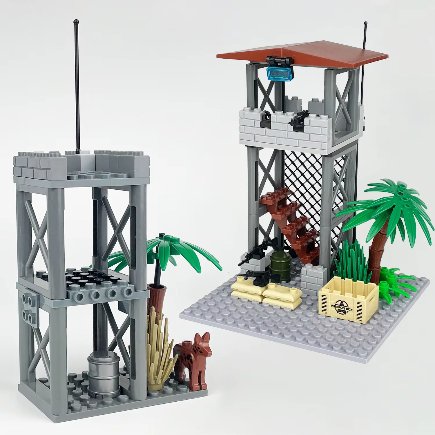 MOC Creative Military Building Scene with Sentry Post, Lookout Tower, Tree Oil Barrel, War Field Accessories and Assembly Model